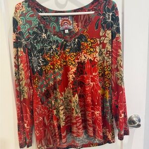 Johnny Was Red and Green Floral Long Sleeve Top